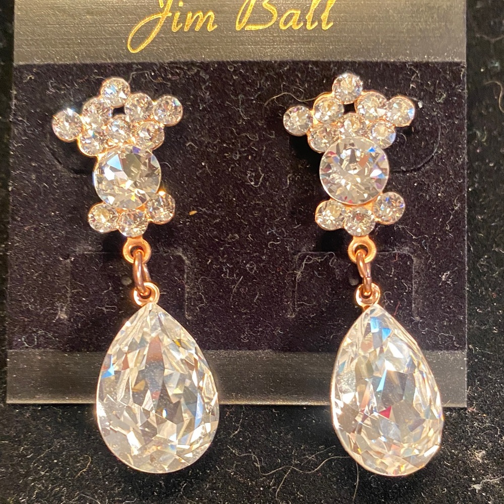 Jim Ball Rose Gold Teardrop Crystal Drop Earrings - Clear